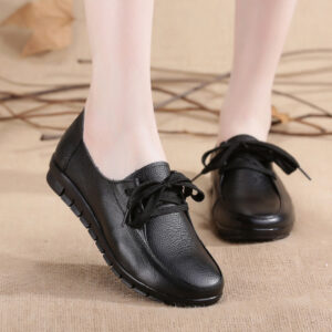 Leather mother shoes flat anti-slip tie deep mouth middle-aged casual shoes